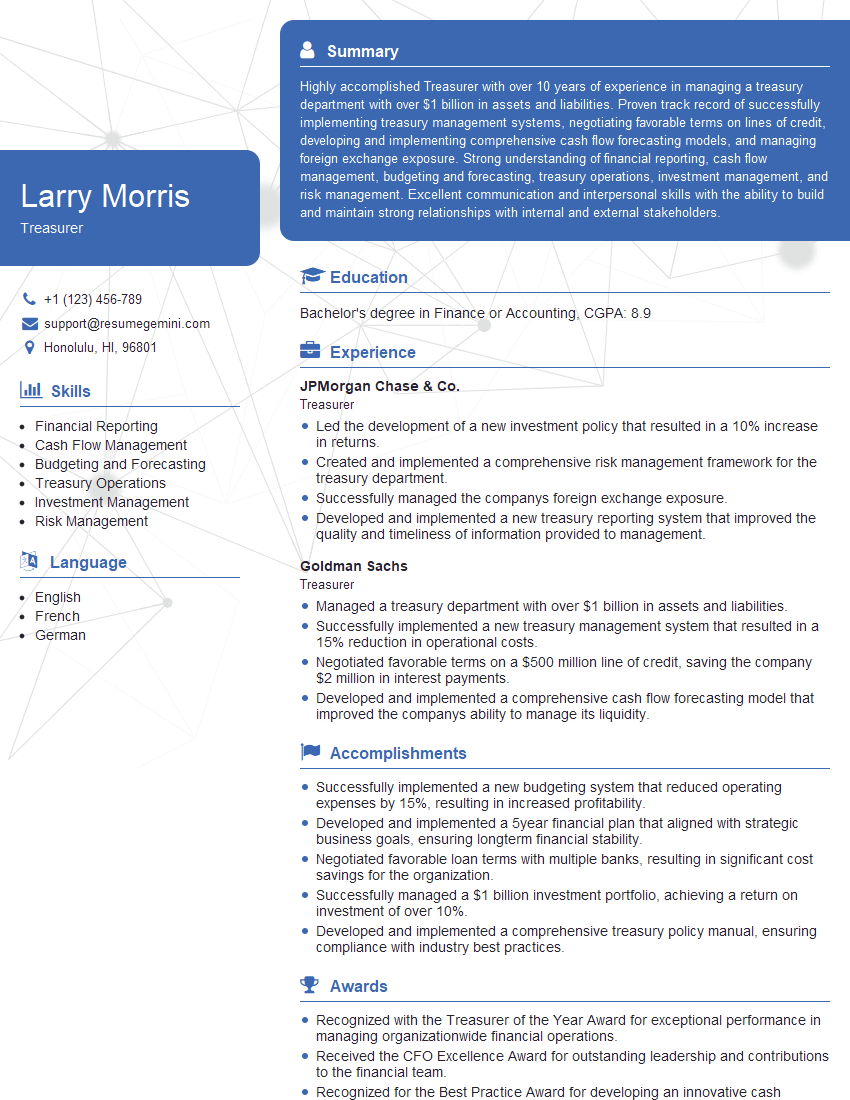 Treasurer Resume Template for Treasury Management Interview