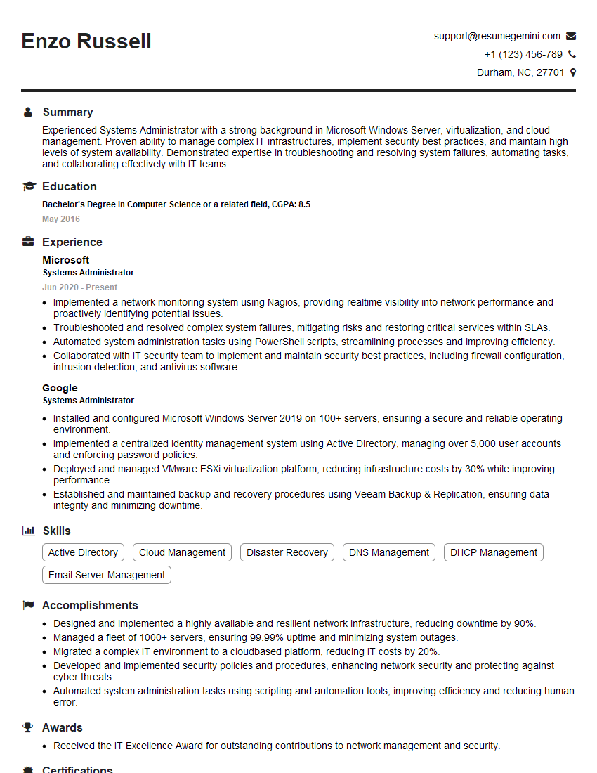 Systems Administrator Resume Template for Vault Installation Interview