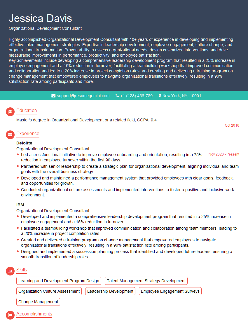 Organizational Development Consultant Resume Template for Team Building and Leadership Interview