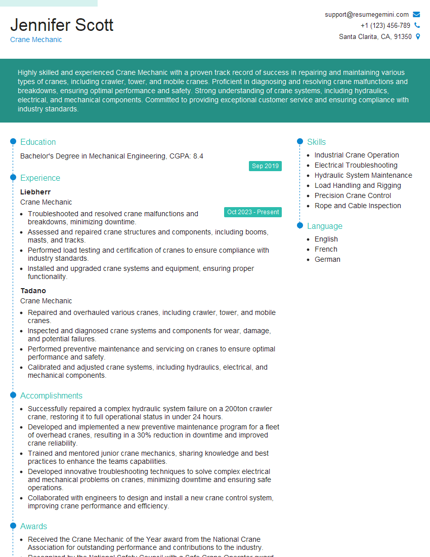 Crane Mechanic Resume Template by ResumeGemini