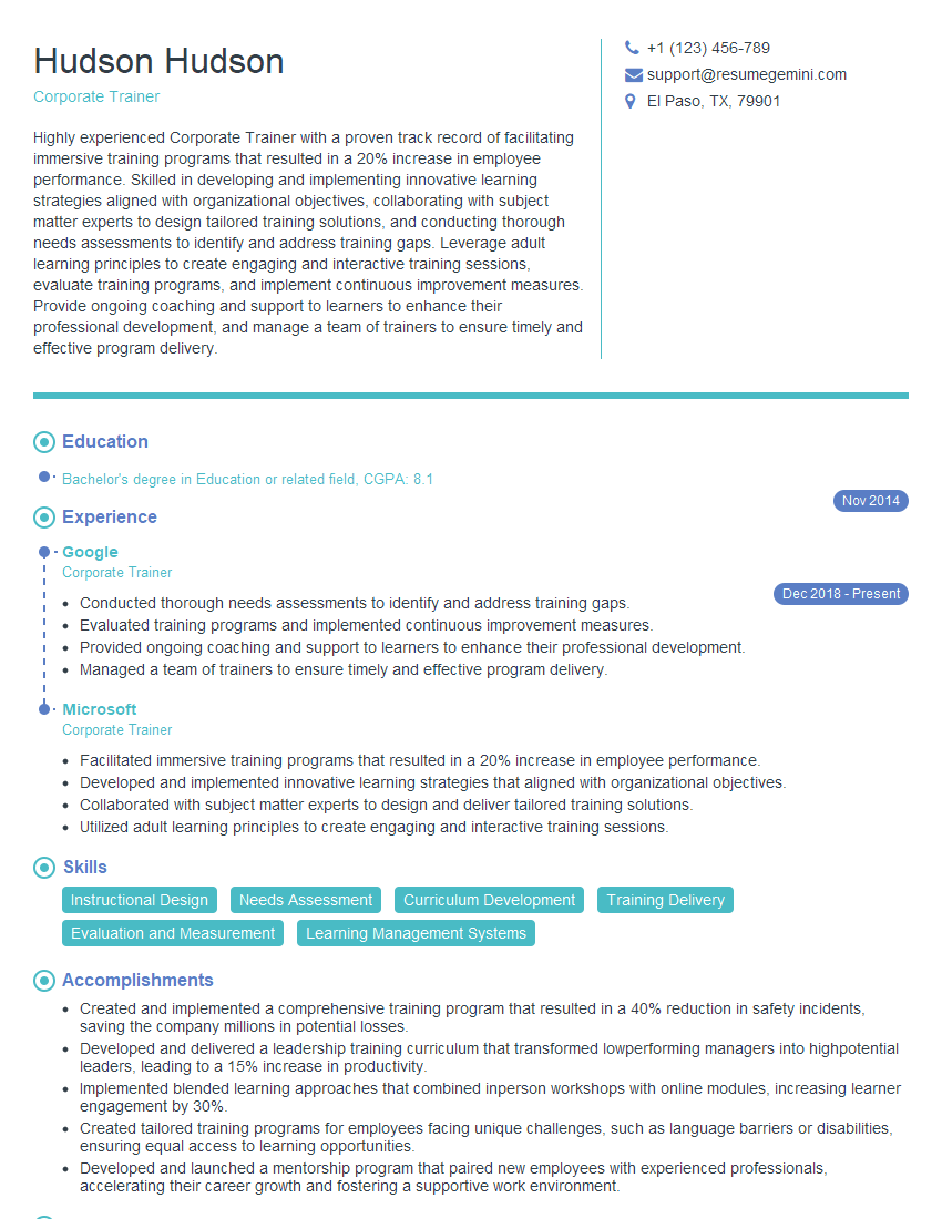 Corporate Trainer Resume Template for Learning Management System (LMS) Administration Interview