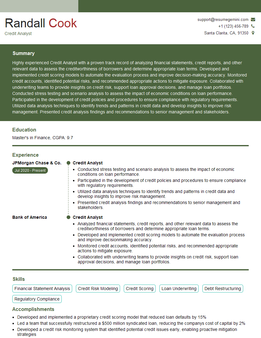 Credit Analyst Resume Template for Loan Origination Interview