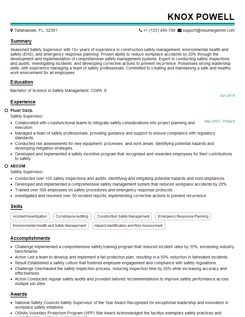 Safety Supervisor Resume Template for Safety Management Interview