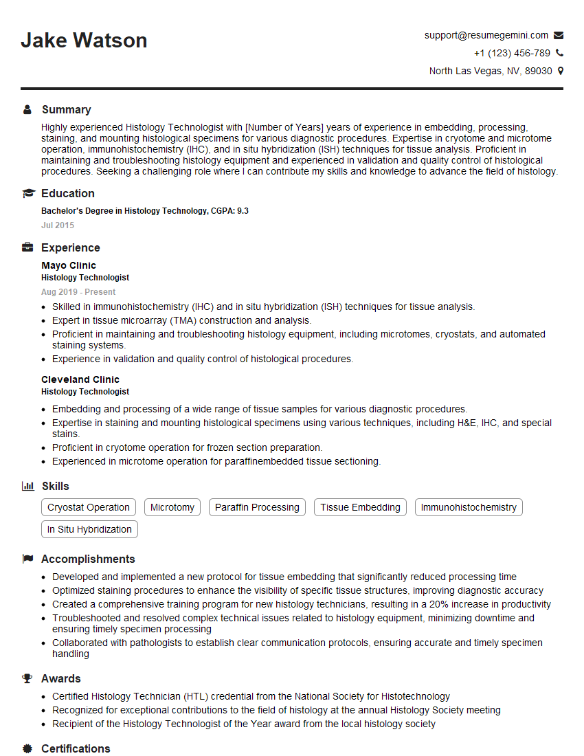 Histology Technologist Resume Template by ResumeGemini