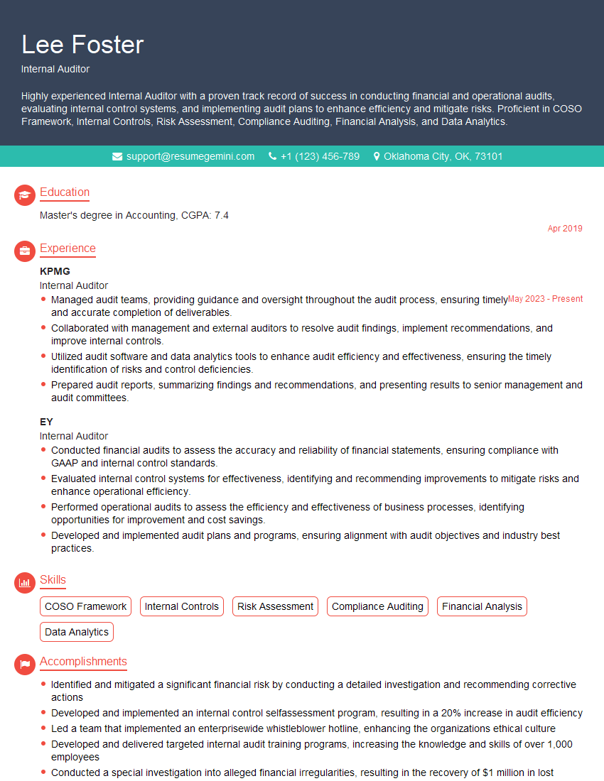 Internal Auditor Resume Template for Risk Assessment and Mitigation Interview