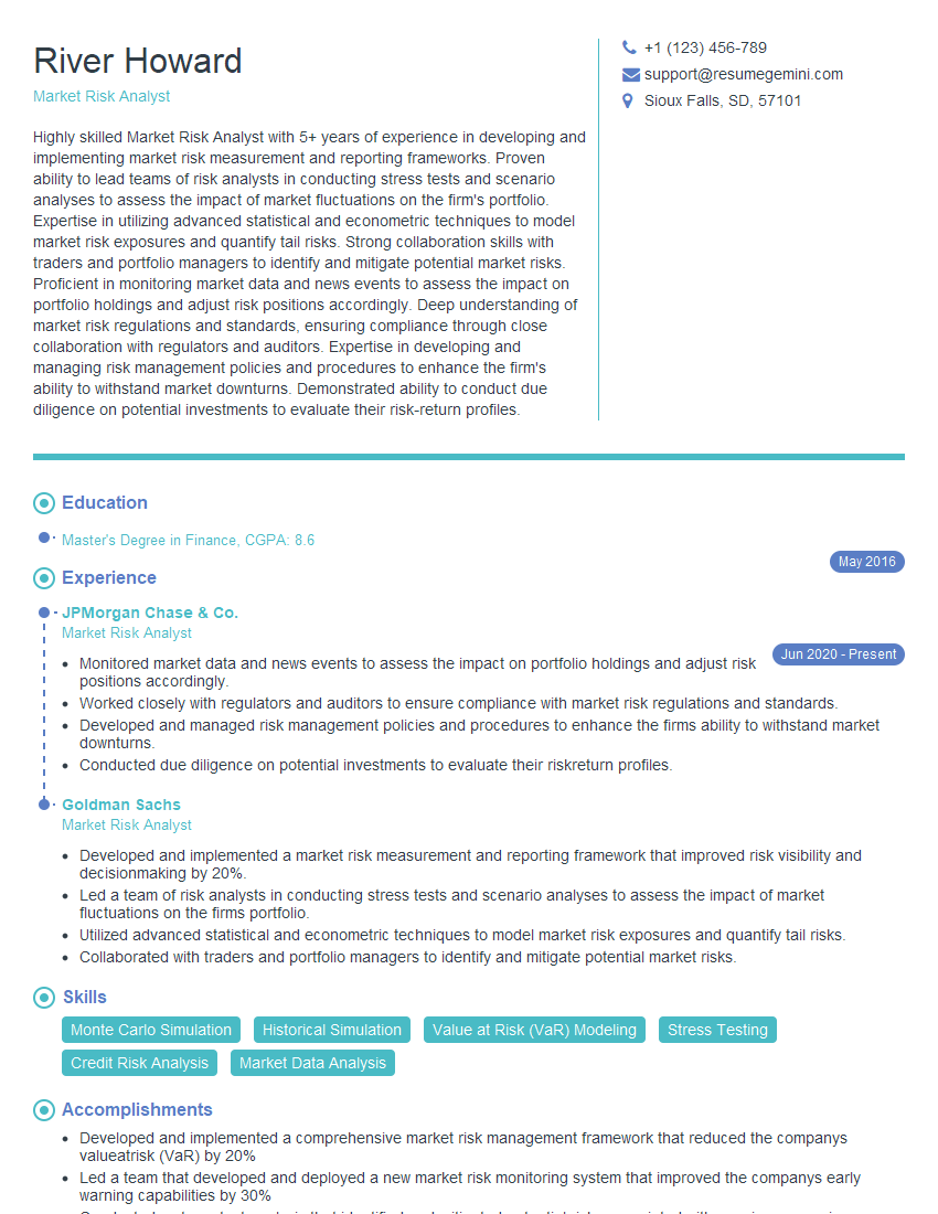 Market Risk Analyst Resume Template for Bank Supervision and Regulation Interview