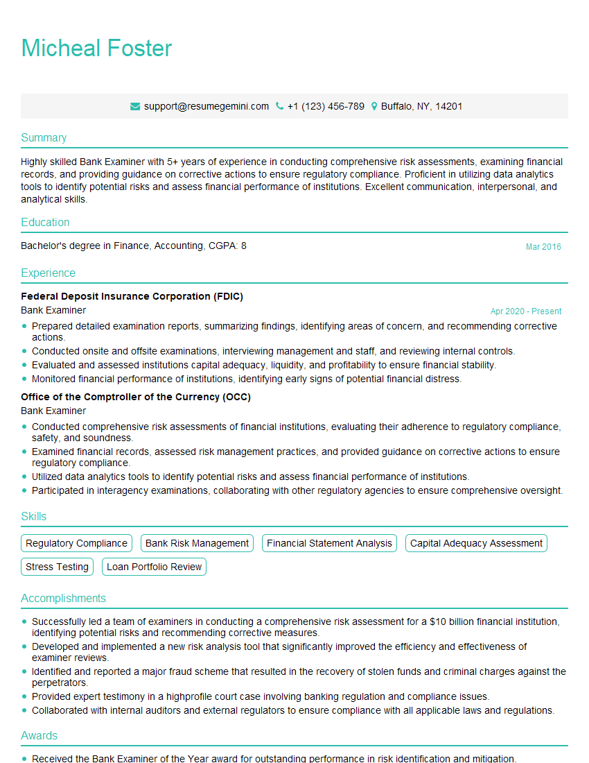 Bank Examiner Resume Template for Bank Supervision and Regulation Interview