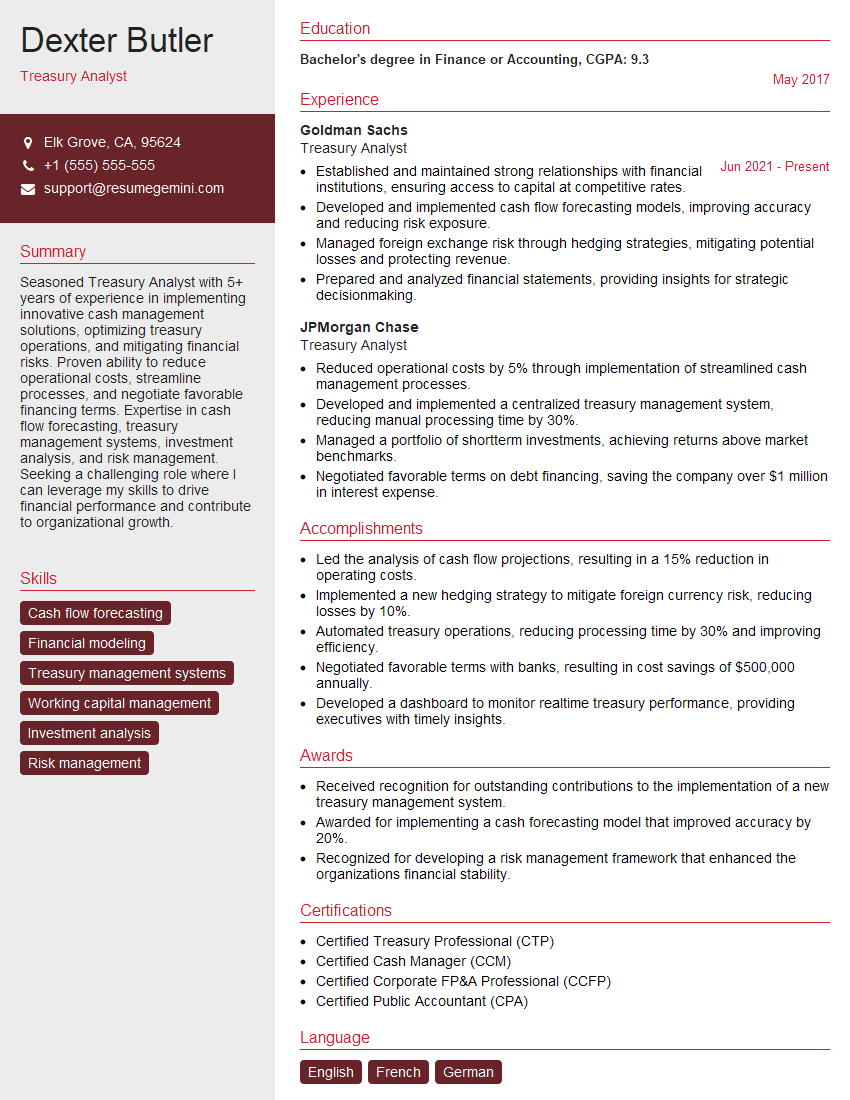 Treasury Analyst Resume Template for Treasury Management Interview