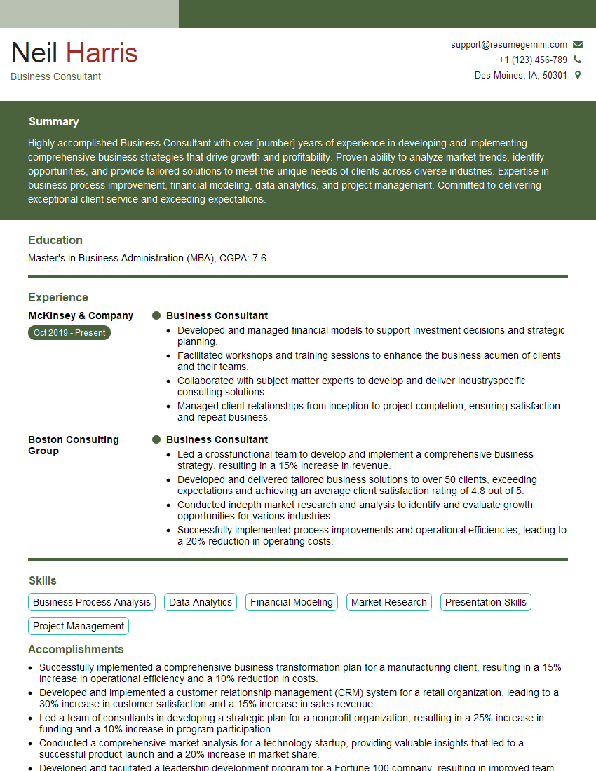 Business Consultant Resume Template for Team Building Interview