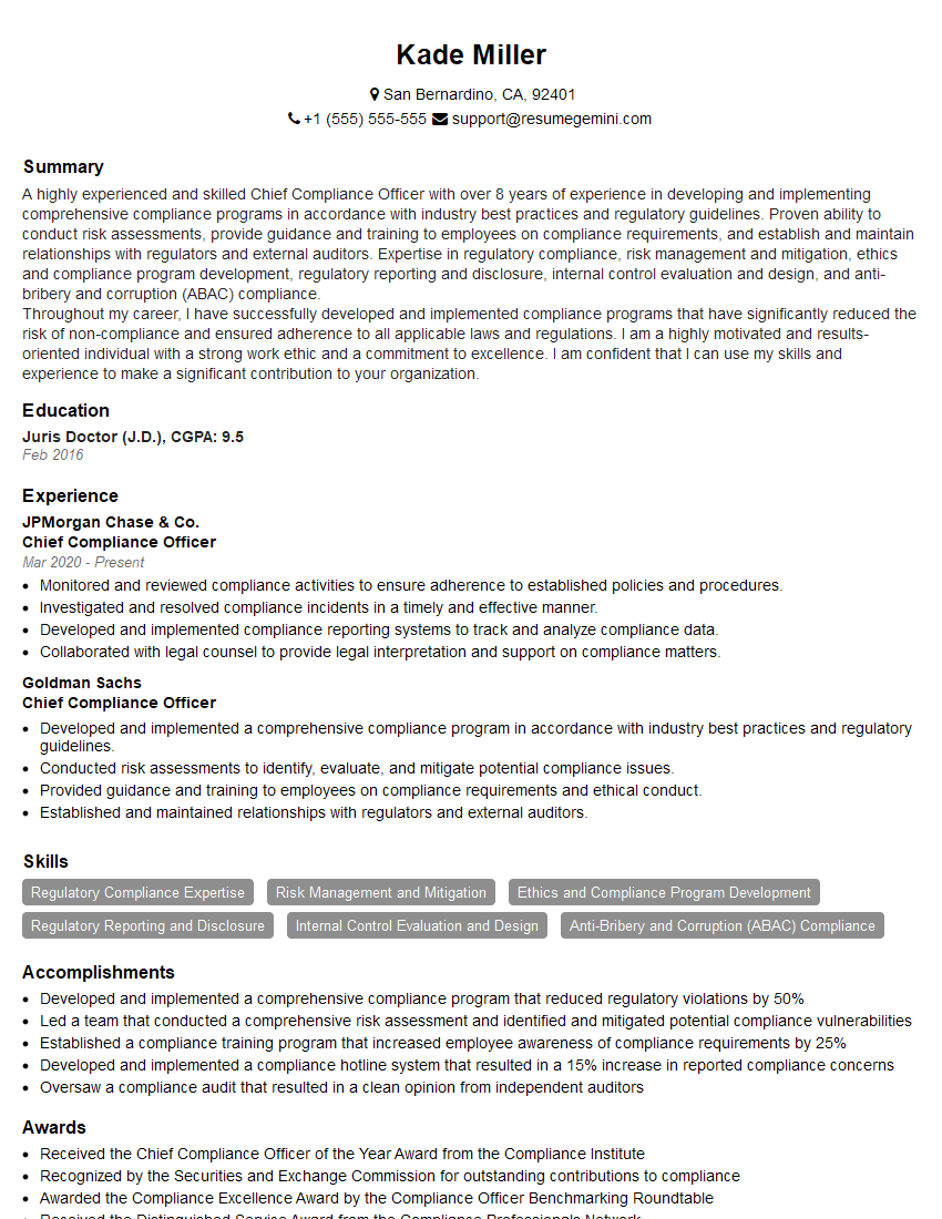 Chief Compliance Officer Resume Template for Bank Supervision and Regulation Interview