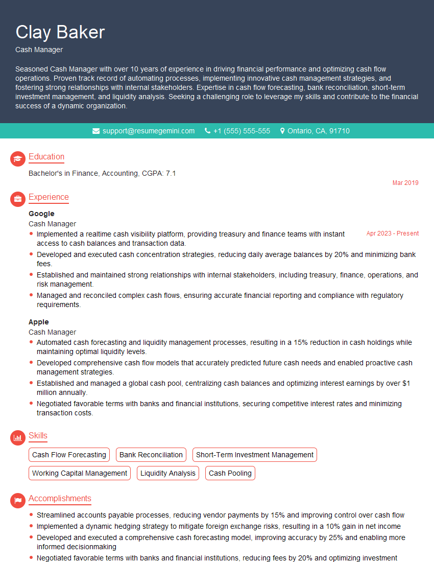 Cash Manager Resume Template for Treasury Management Interview