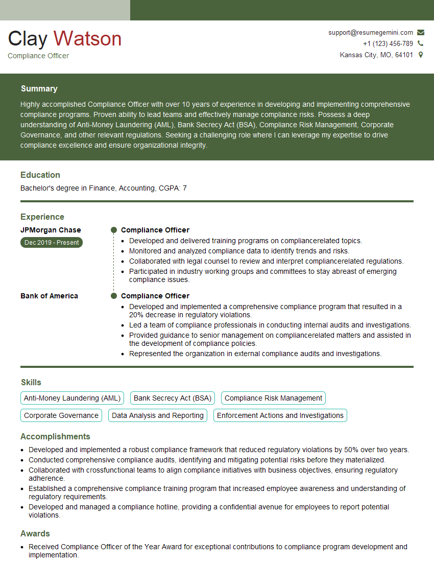 Compliance Officer Resume Template for Bank Supervision and Regulation Interview