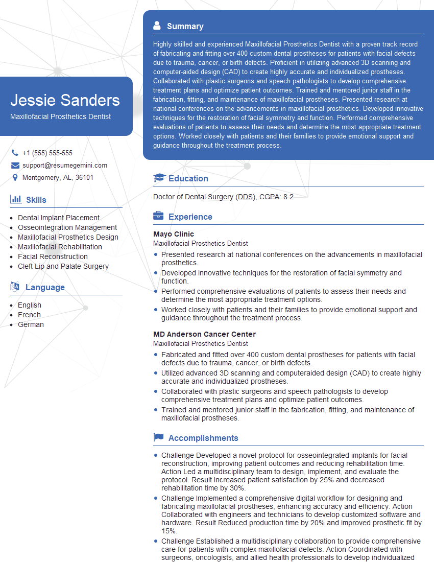 Maxillofacial Prosthetics Dentist Resume Template by ResumeGemini