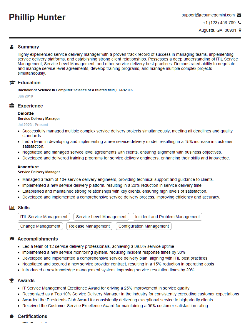 Service Delivery Manager Resume Template for Capacity Planning Interview