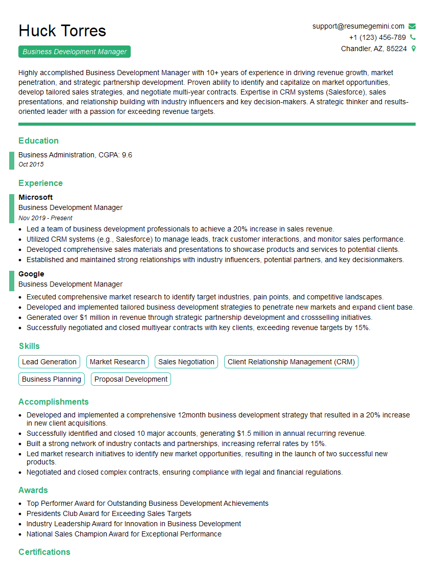 Business Development Manager Resume Template for Branch Operations Interview