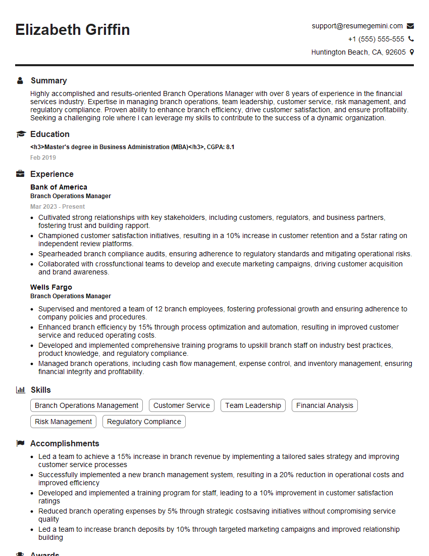 Branch Operations Manager Resume Template for Branch Operations Interview