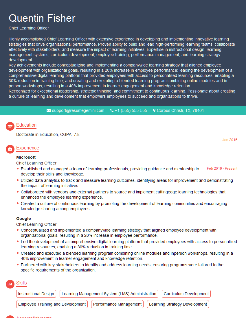 Chief Learning Officer Resume Template for Learning Management System (LMS) Administration Interview