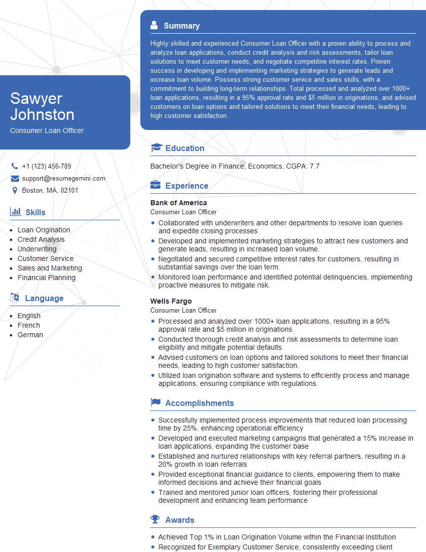 Consumer Loan Officer Resume Template for Loan Origination Interview