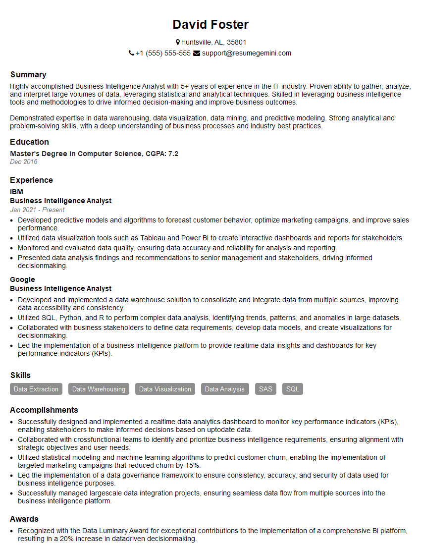 Business Intelligence Analyst Resume Template for Data Analysis Interview