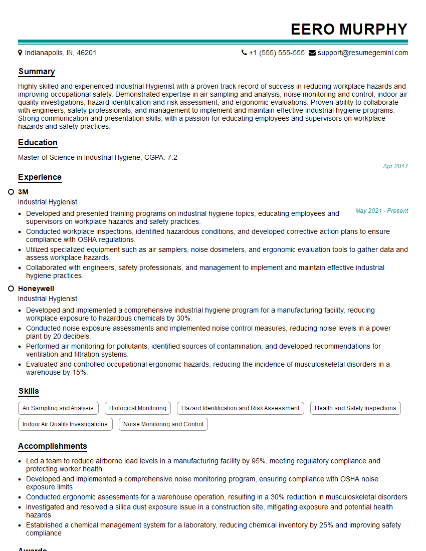 Industrial Hygienist Resume Template for Safety Management Interview