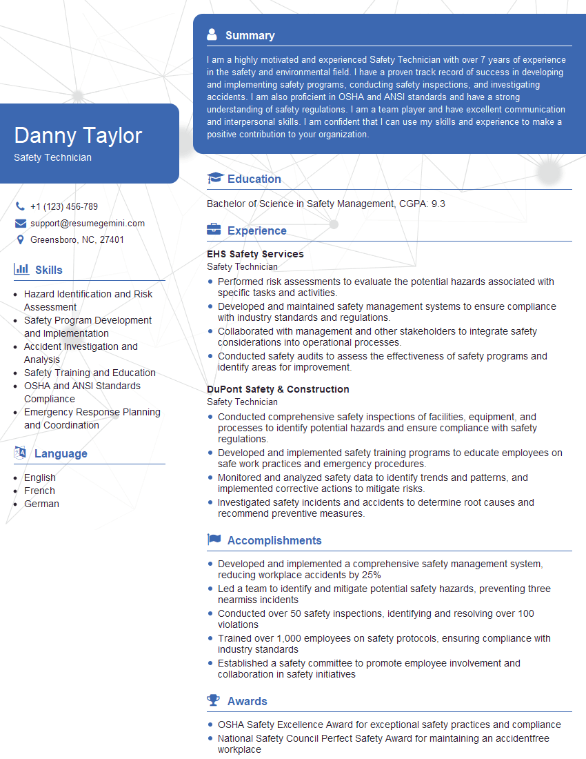 Safety Technician Resume Template for Safety Management Interview