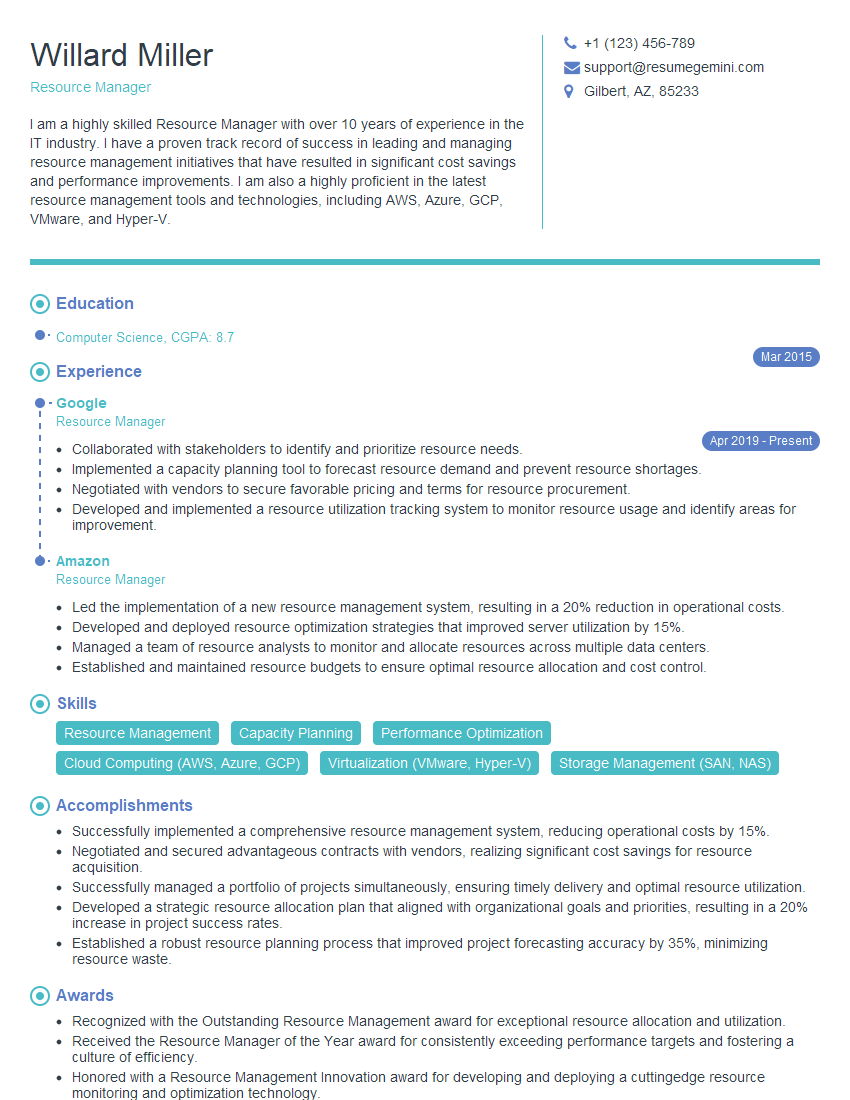 Resource Manager Resume Template for Capacity Planning Interview