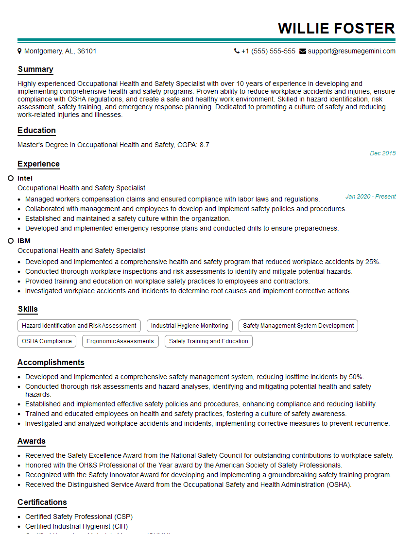 Occupational Health and Safety Specialist Resume Template for Safety Management Interview