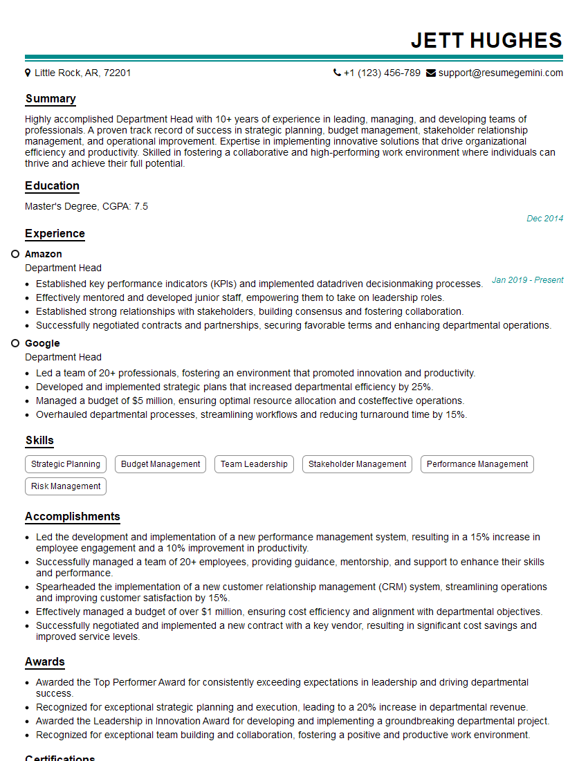 Department Head Resume Template for Team Building and Leadership Interview