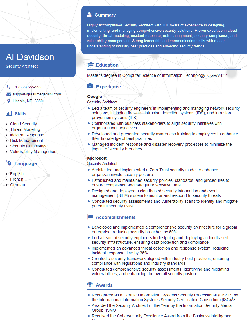 Security Architect Resume Template for Vault Installation Interview