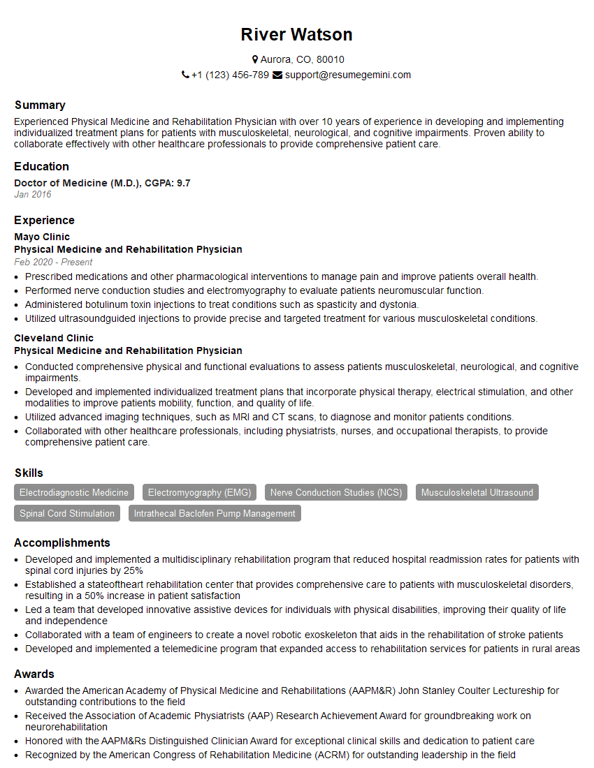 Physical Medicine and Rehabilitation Physician Resume Template by ResumeGemini