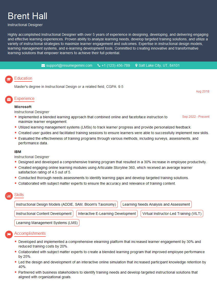 Instructional Designer Resume Template for Learning Management System (LMS) Administration Interview