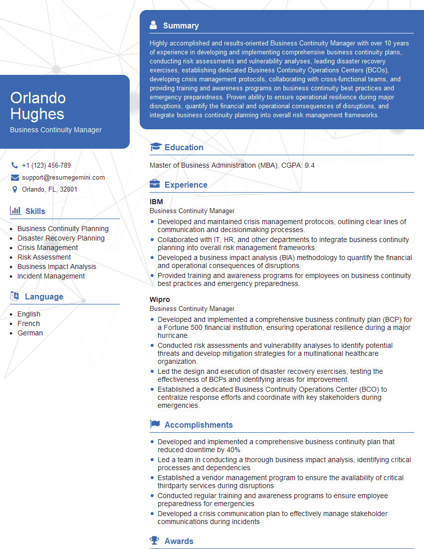 Business Continuity Manager Resume Template for Risk Assessment and Mitigation Interview