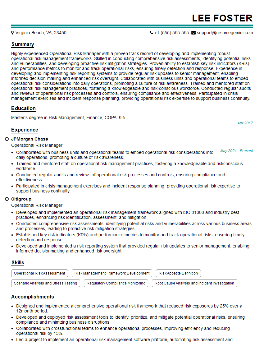 Operational Risk Manager Resume Template for Risk Assessment and Mitigation Interview