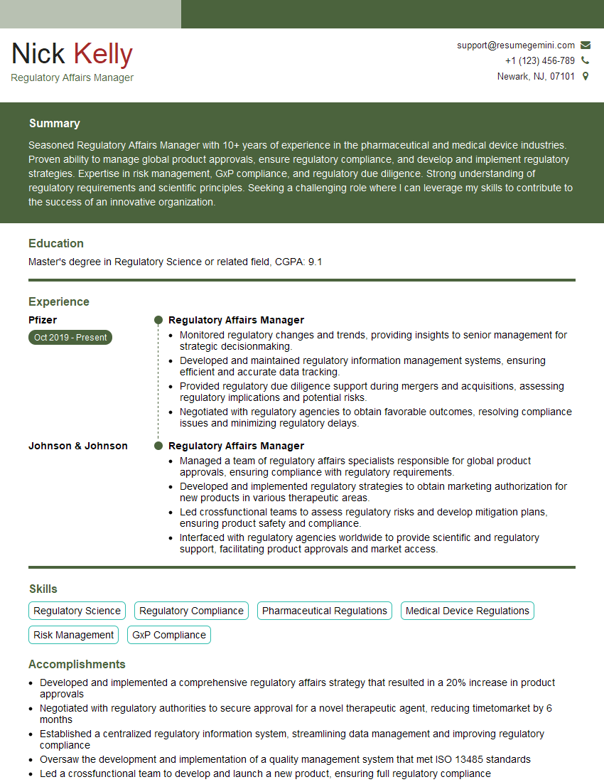 Regulatory Affairs Manager Resume Template for Bank Supervision and Regulation Interview