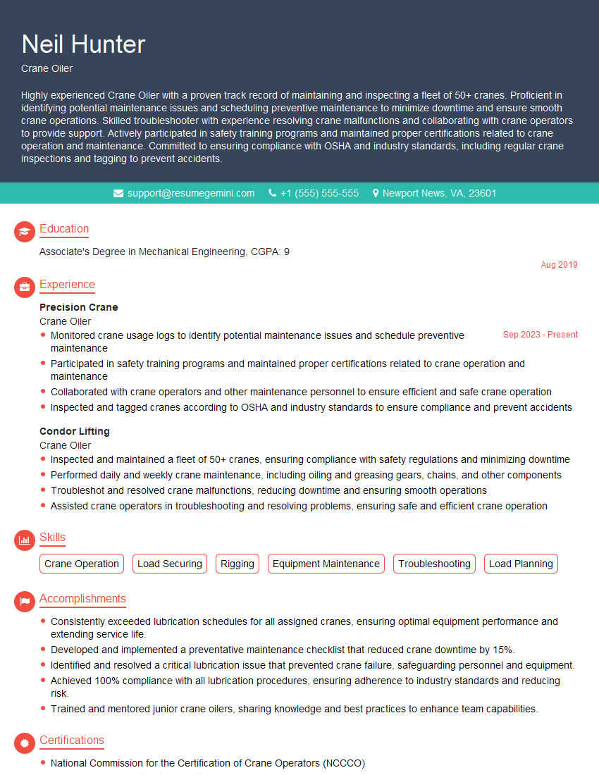 Crane Oiler Resume Template by ResumeGemini