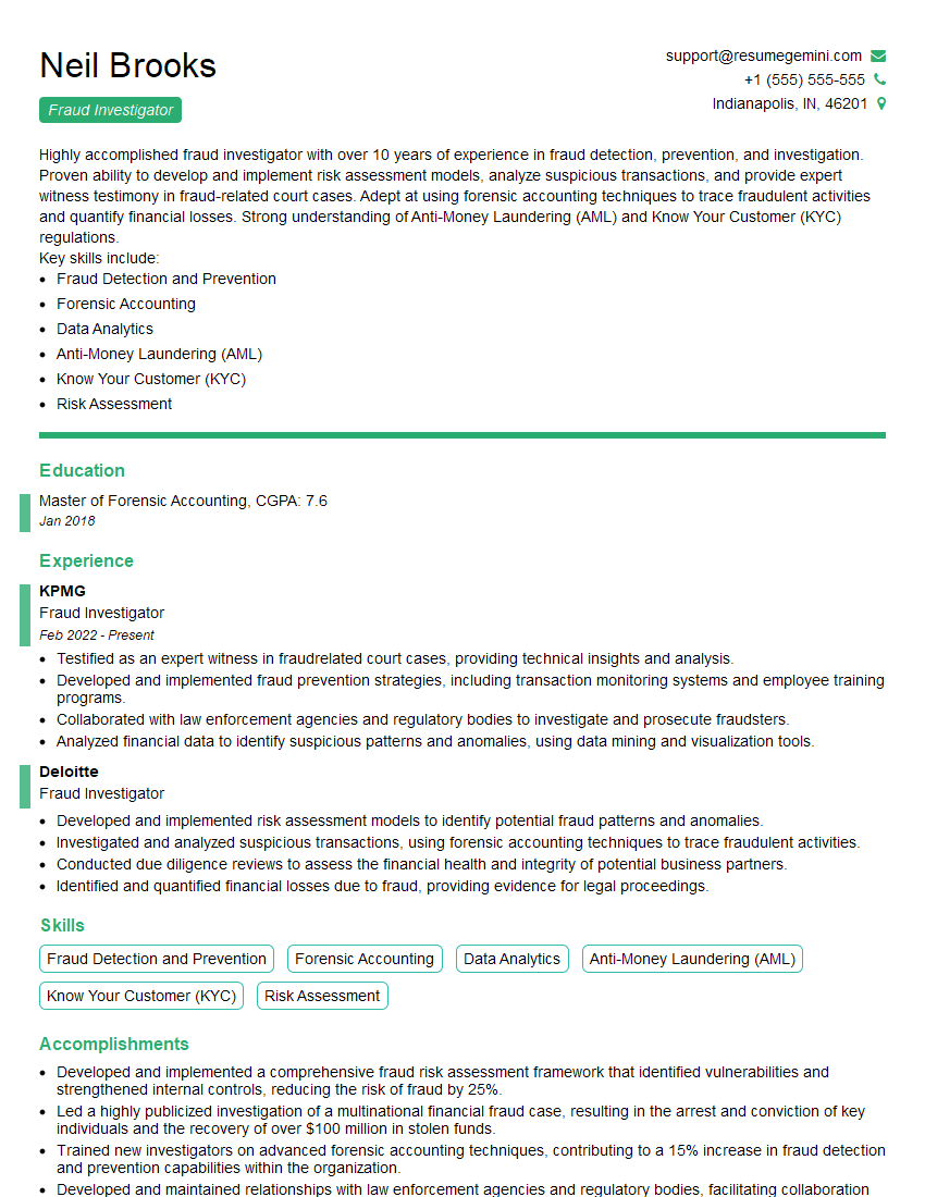 Fraud Investigator Resume Template for Bank Supervision and Regulation Interview