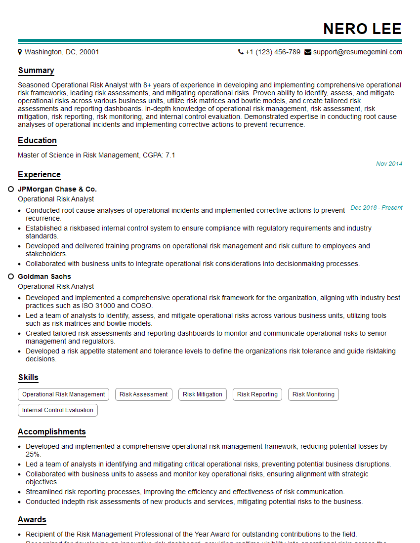 Operational Risk Analyst Resume Template for Bank Supervision and Regulation Interview