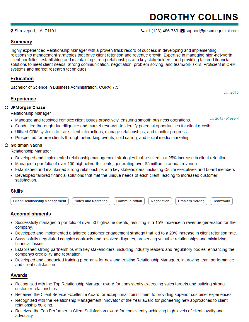 Relationship Manager Resume Template for Branch Operations Interview