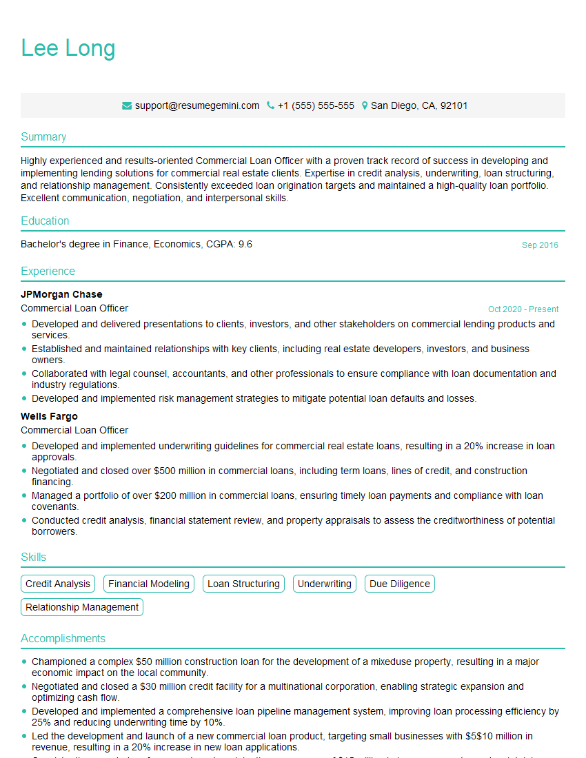 Commercial Loan Officer Resume Template for Loan Origination Interview