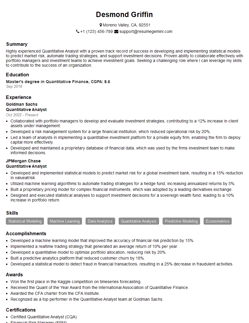 Quantitative Analyst Resume Template for Data Analysis Interview