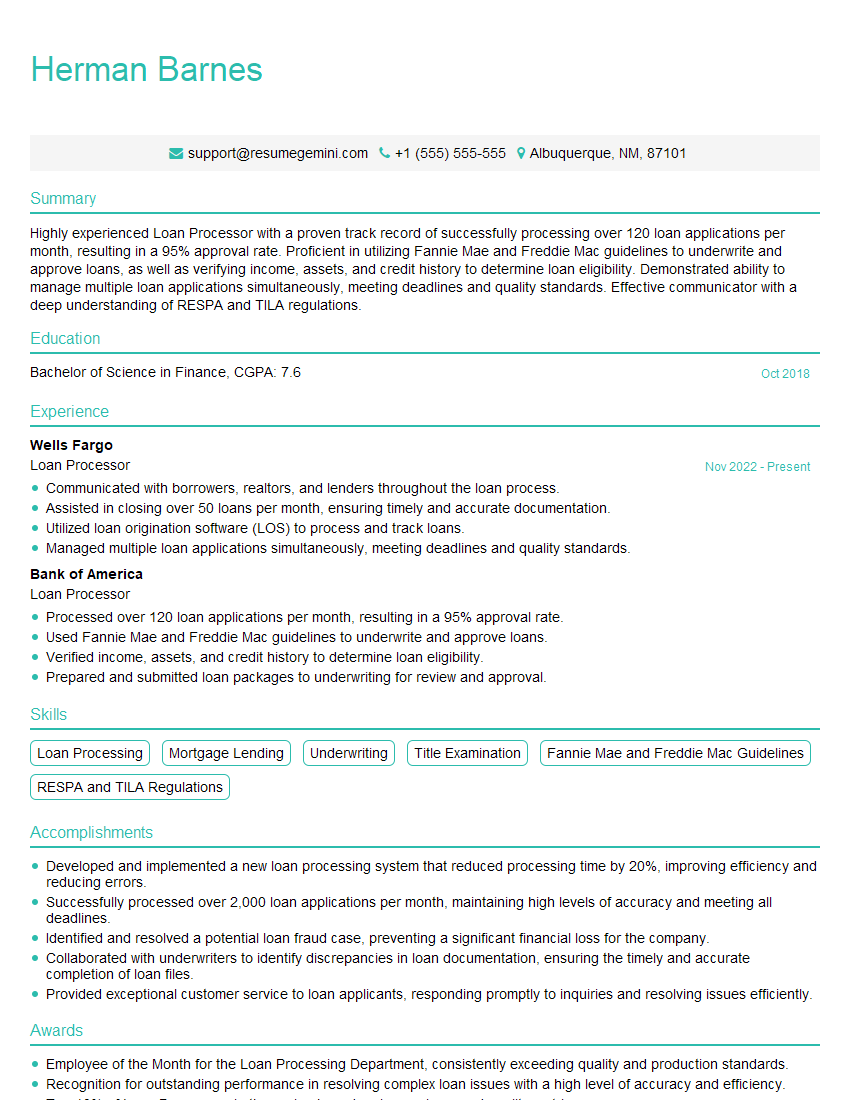 Loan Processor Resume Template for Loan Origination Interview