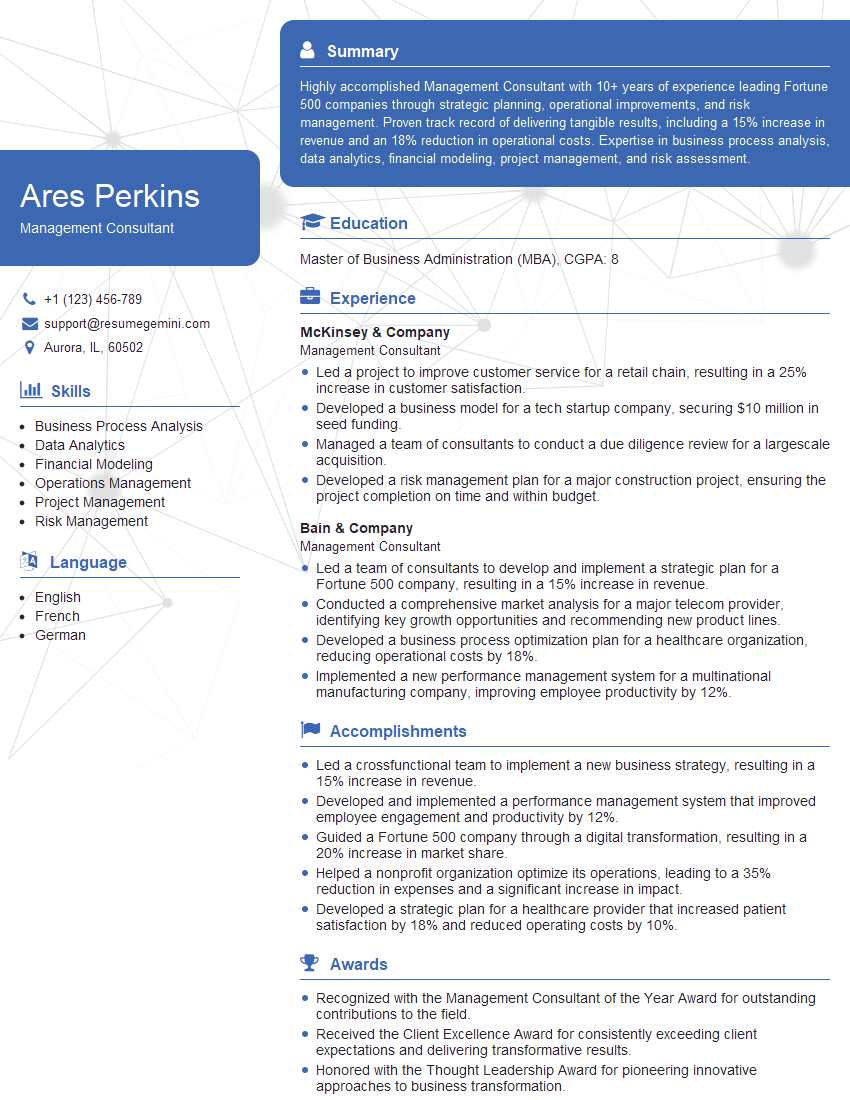 Management Consultant Resume Template for Team Building and Leadership Interview