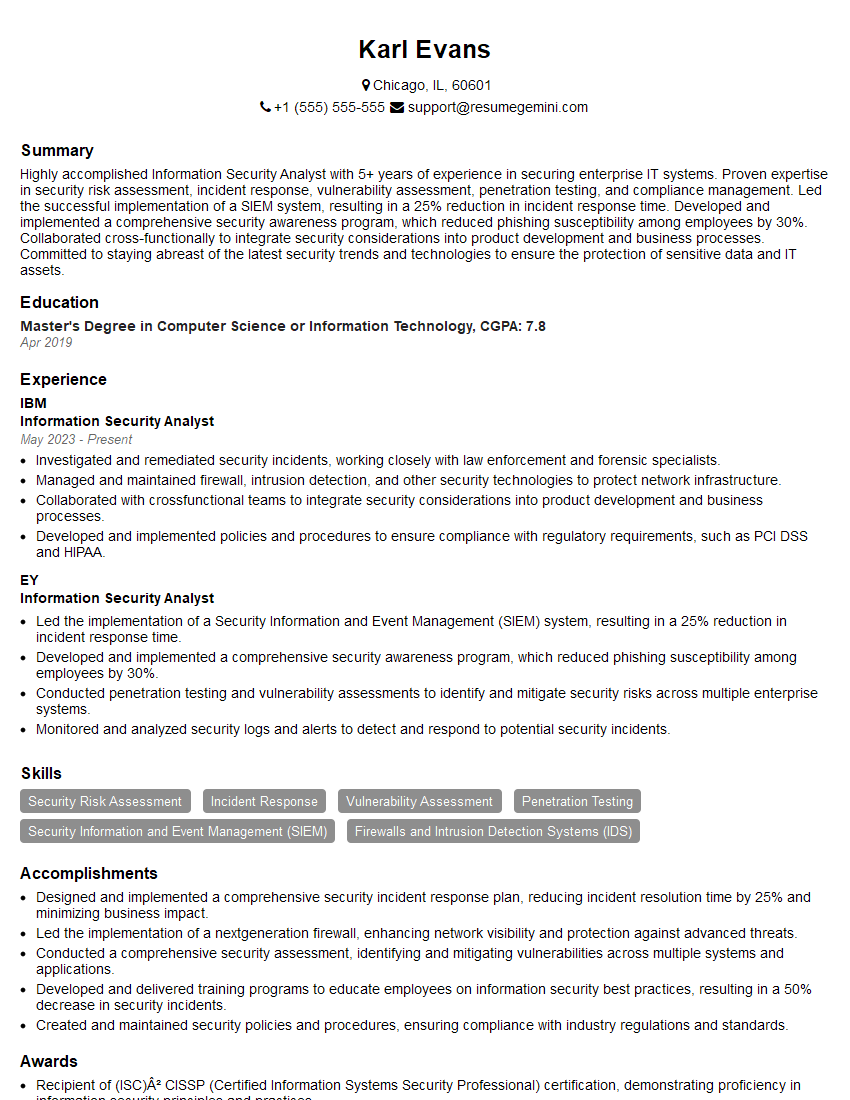 Information Security Analyst Resume Template for Vault Installation Interview