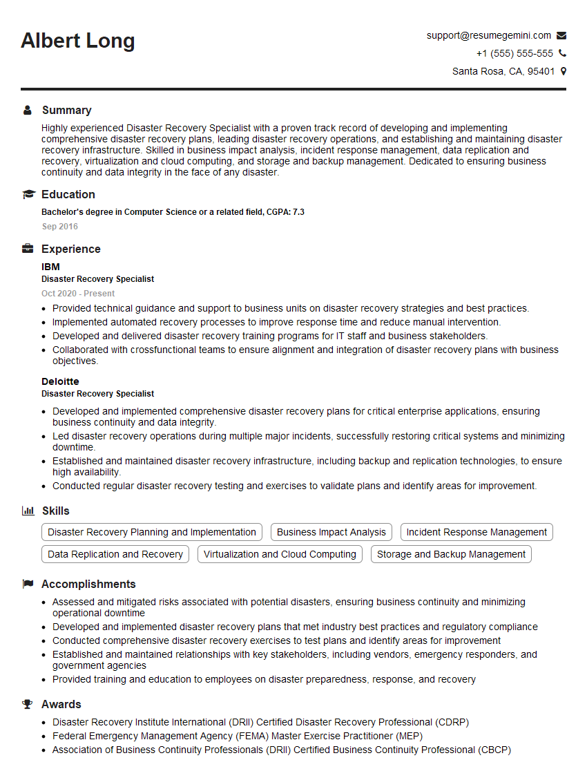 Disaster Recovery Specialist Resume Template for Risk Assessment and Mitigation Interview