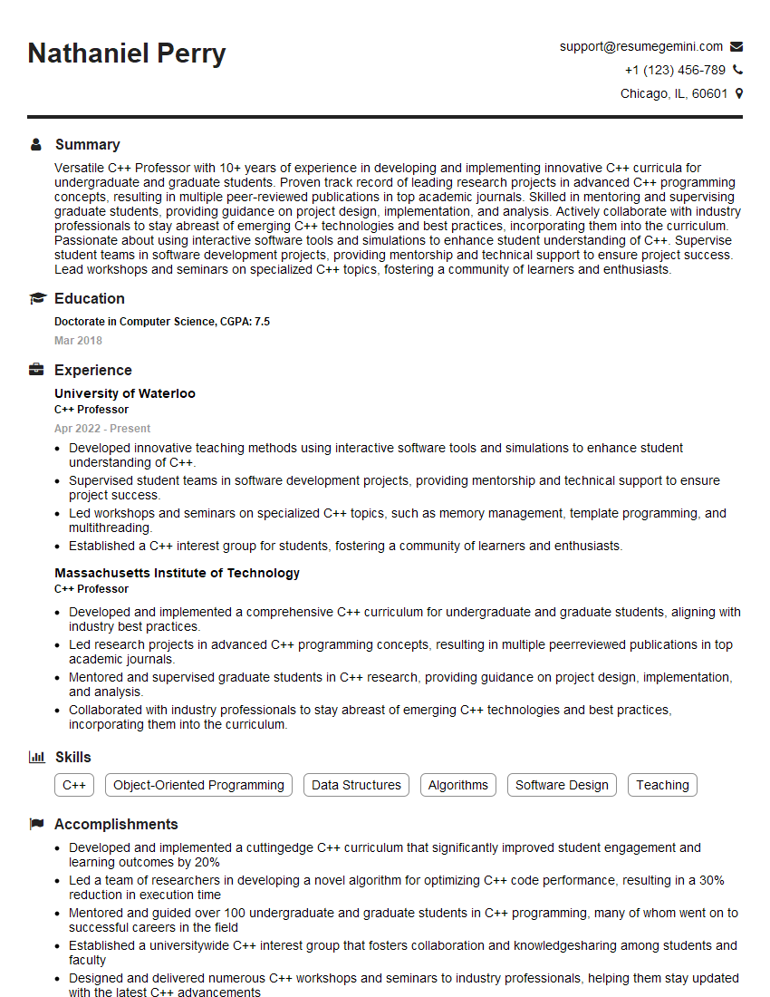 C++ Professor Resume Template by ResumeGemini