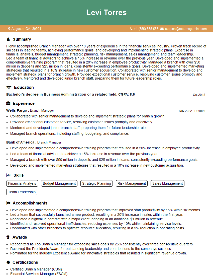 Branch Manager Resume Template for Branch Operations Interview