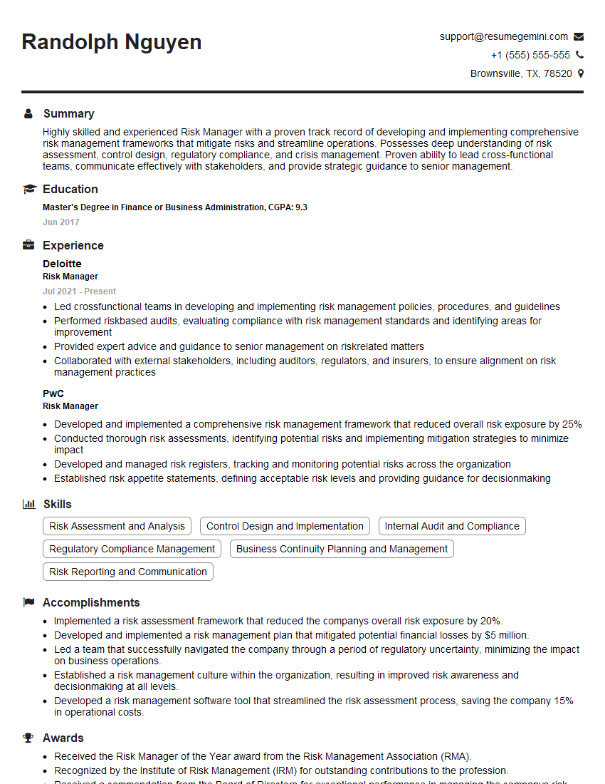 Risk Manager Resume Template for Bank Supervision and Regulation Interview