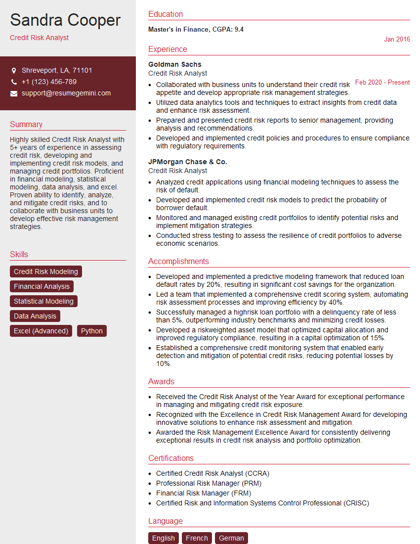 Credit Risk Analyst Resume Template for Bank Supervision and Regulation Interview